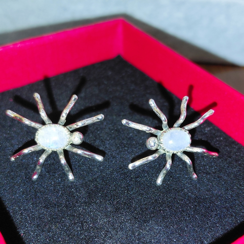 Spider Shaped Moonstone Silver Stud Statement Earrings - Picture 9 of 11